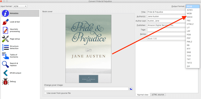 Çıktı seçenekleriyle Caliber dosya dönüştürme ekranı Calibre file conversion screen with output options