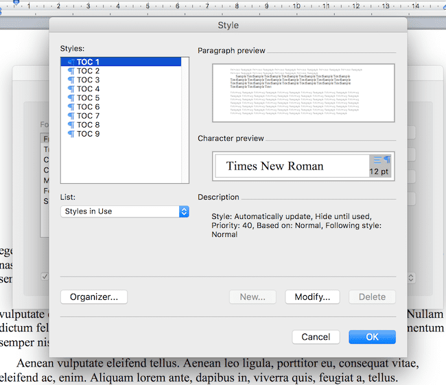 TOC modifier TOC modify