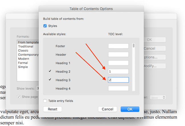 Paramètres de la table des matières