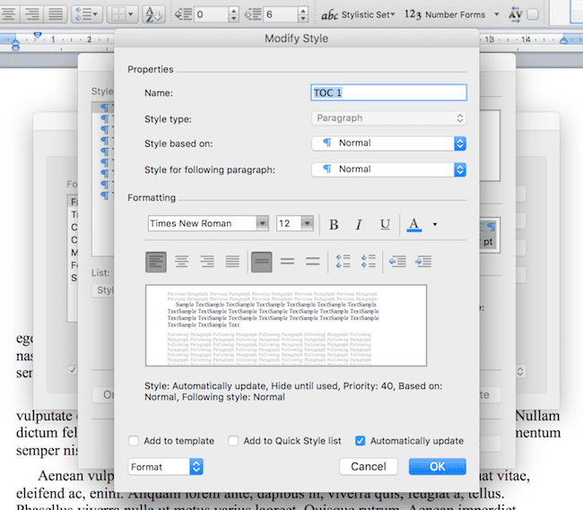 Police de la table des matières TOC Font