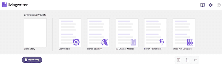 Pantalla de inicio de Living Writer Living Writer start screen