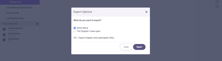 Opciones de exportación de LivingWriter LivingWriter export options