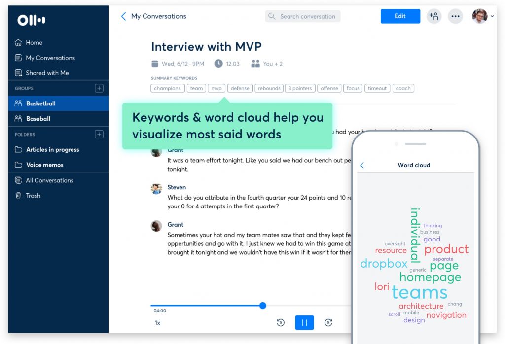 文字起こしは、音声で整理され、簡単に要約できると効果的です。