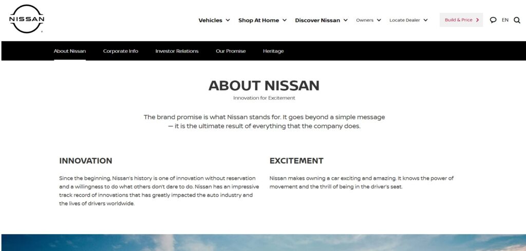 Esempi di pagina Chi siamo: Nissan USA