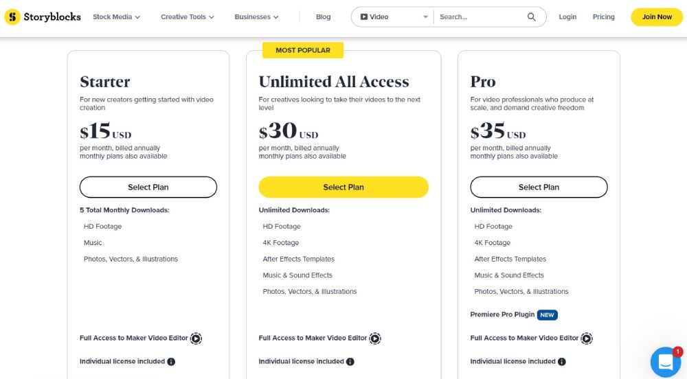 Tarification des storyblocks