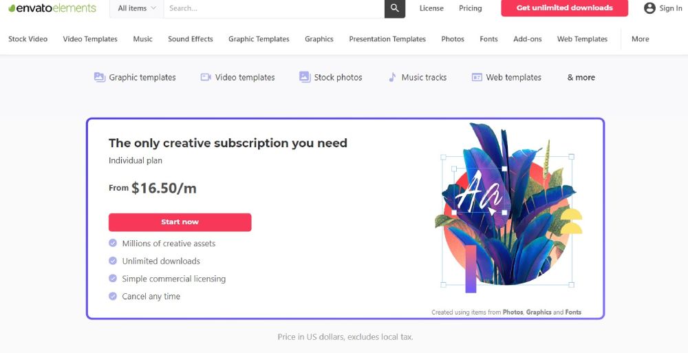 Tarification Envato Elements