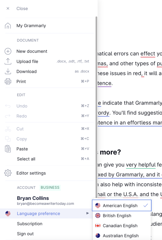 Cómo funciona Grammarly:: Establecer preferencias de idioma